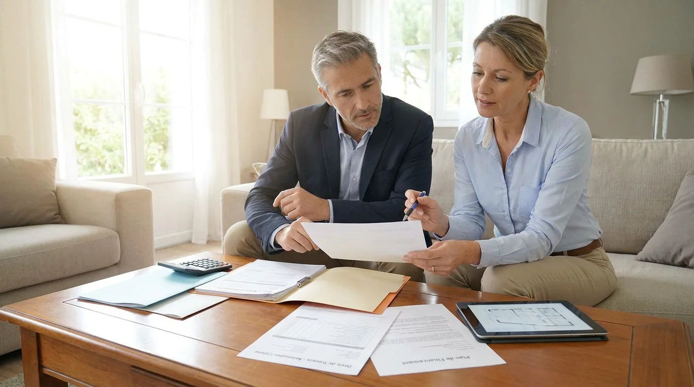 Aides à la rénovation d'une maison ancienne en 2026 : le guide 2 Couple examinant des documents pour les aides à la rénovation énergétique