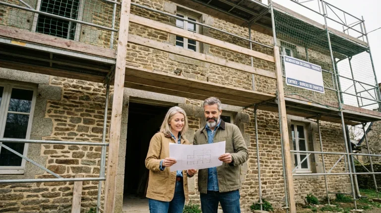 Couple de propriétaires préparant leur projet de rénovation énergétique devant leur maison