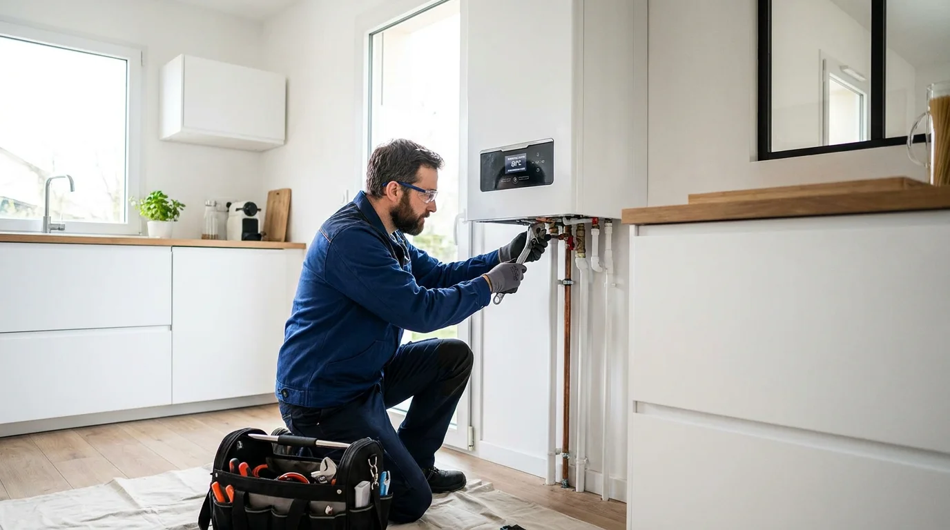 Technicien chauffagiste installant une chaudière murale à condensation dans une cuisine