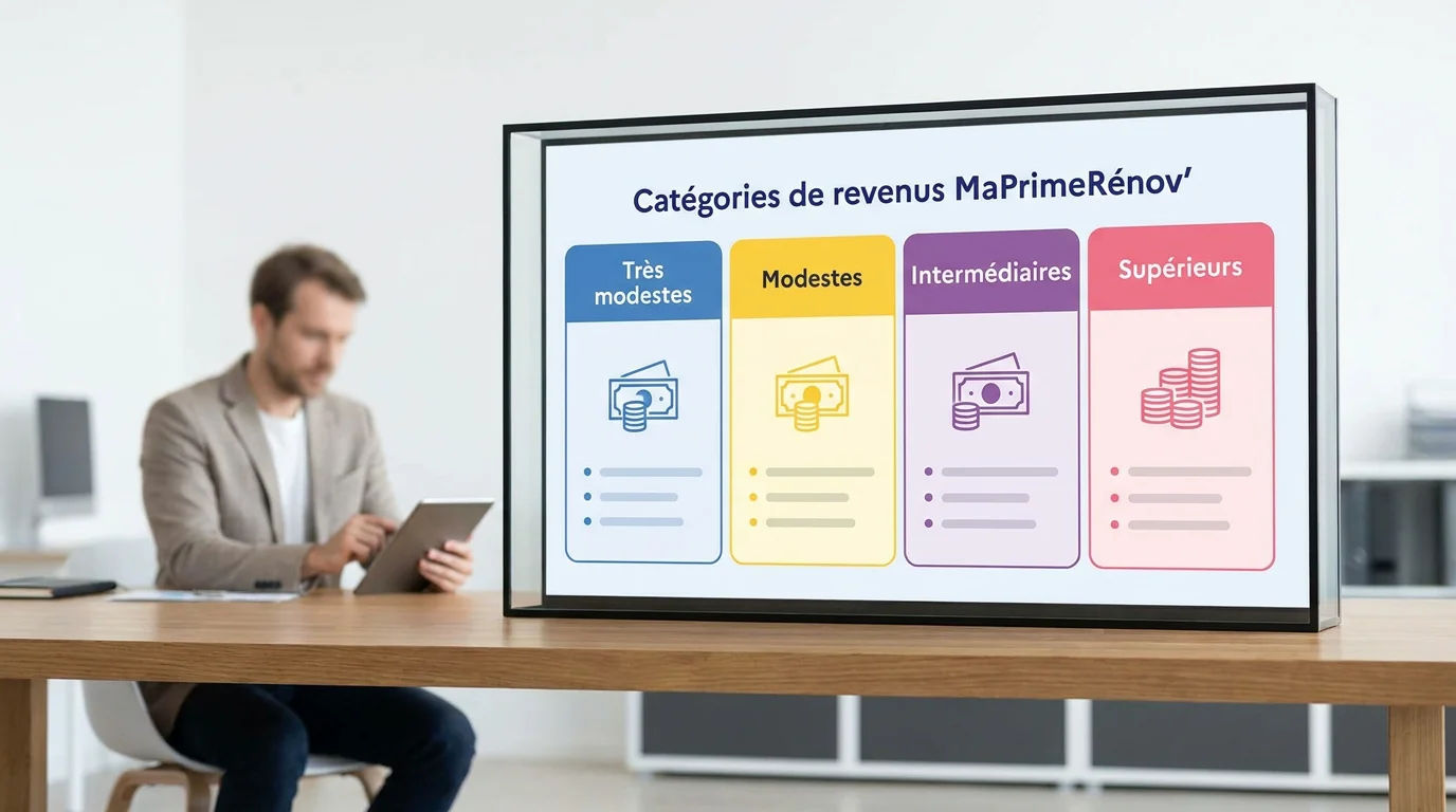 Infographie des 4 catégories de revenus MaPrimeRénov' 2026 en couleurs
