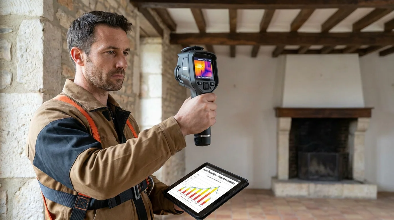 Diagnostiqueur réalisant un audit énergétique dans une maison ancienne en France