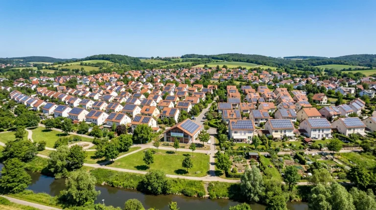 Accueil 6 Quartier résidentiel européen avec panneaux solaires sur les toits, symbole de la transition énergétique
