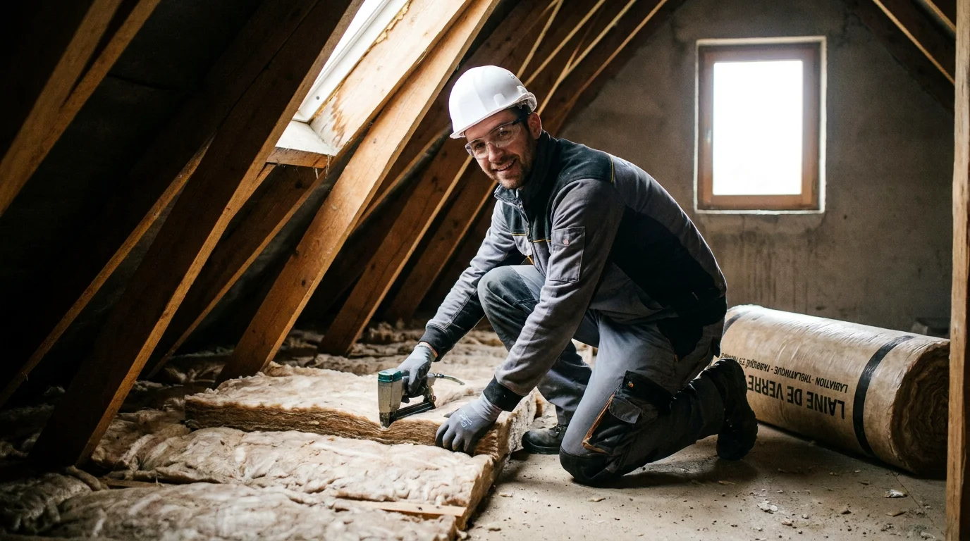 Artisan posant de l'isolation thermique dans des combles pour rénovation énergétique