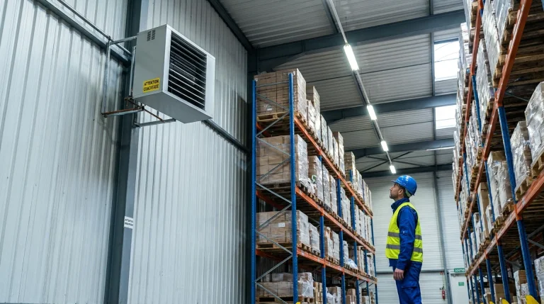 Aérotherme industriel installé en hauteur dans un entrepôt de stockage