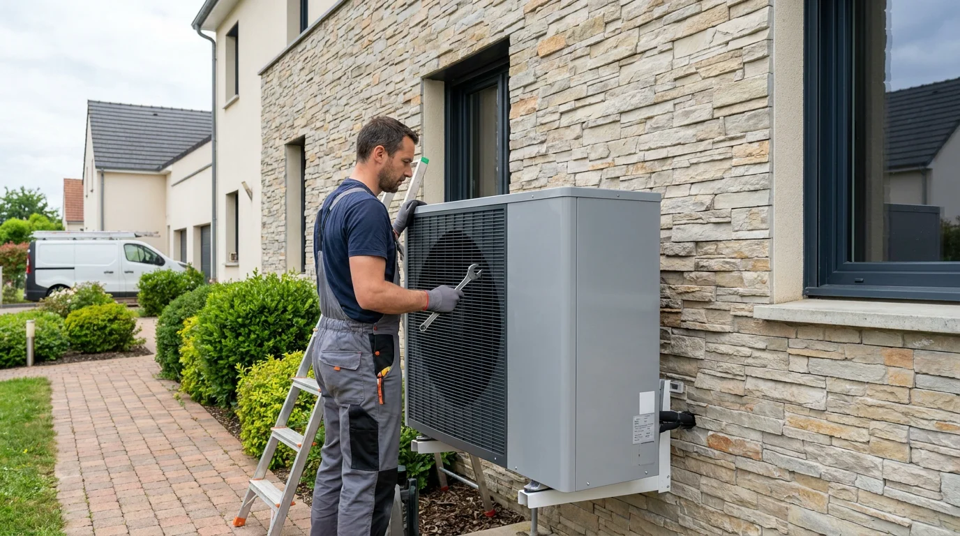 Aérotherme et chauffage : guide complet pour bien choisir 1 Installation d'une pompe à chaleur aérothermique sur la façade d'une maison individuelle