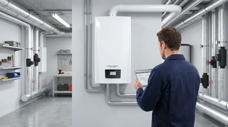 Blog 2 Chaudière gaz moderne installée dans un local technique avec technicien
