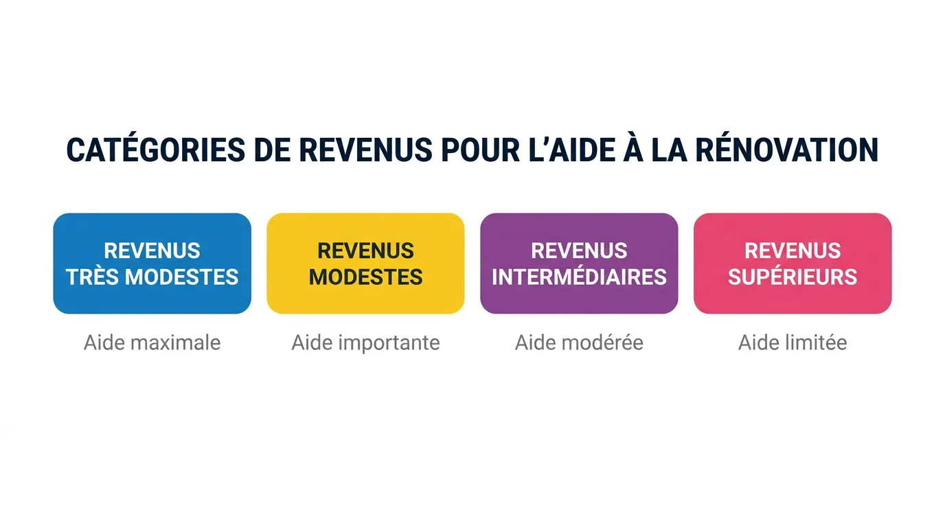 Les quatre profils de revenus MaPrimeRénov' : Bleu, Jaune, Violet et Rose