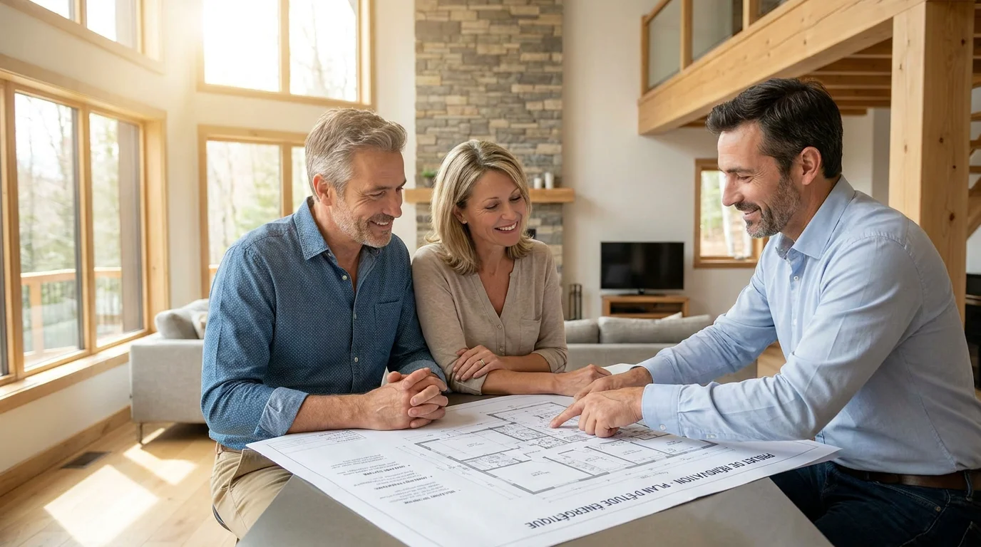 Rénovation énergétique : guide complet des travaux et aides 2026 1 Couple européen consultant un plan de rénovation énergétique avec un conseiller