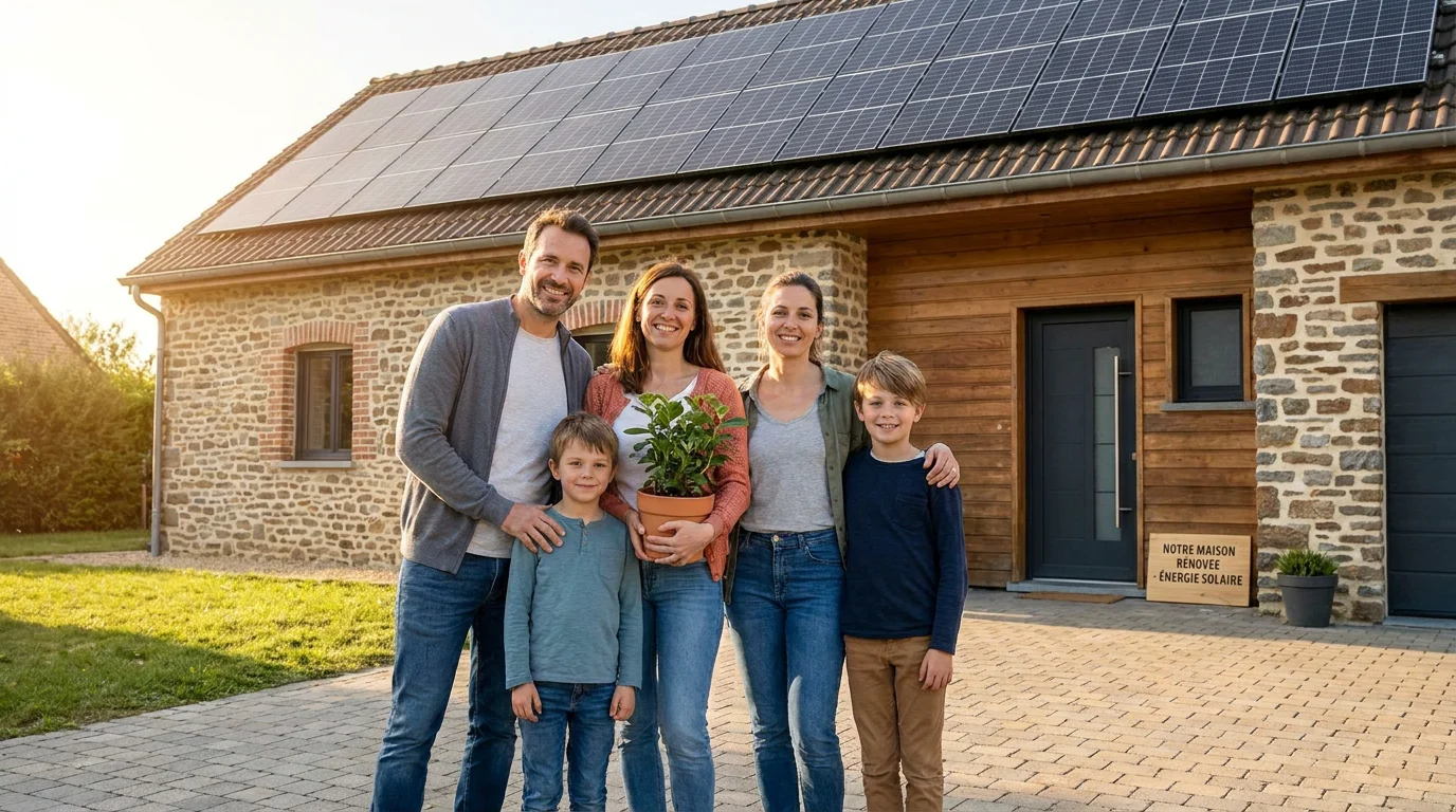 Rénovation énergétique : guide complet des travaux et aides 2026 2 Famille européenne devant leur maison rénovée avec panneaux solaires