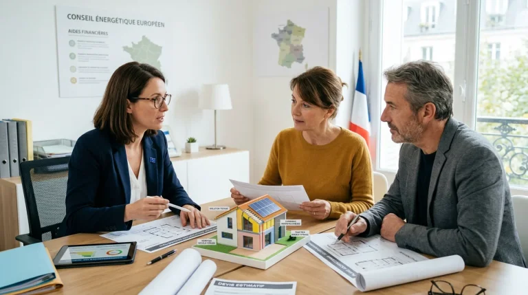 Conseiller en rénovation énergétique accompagnant un couple de propriétaires