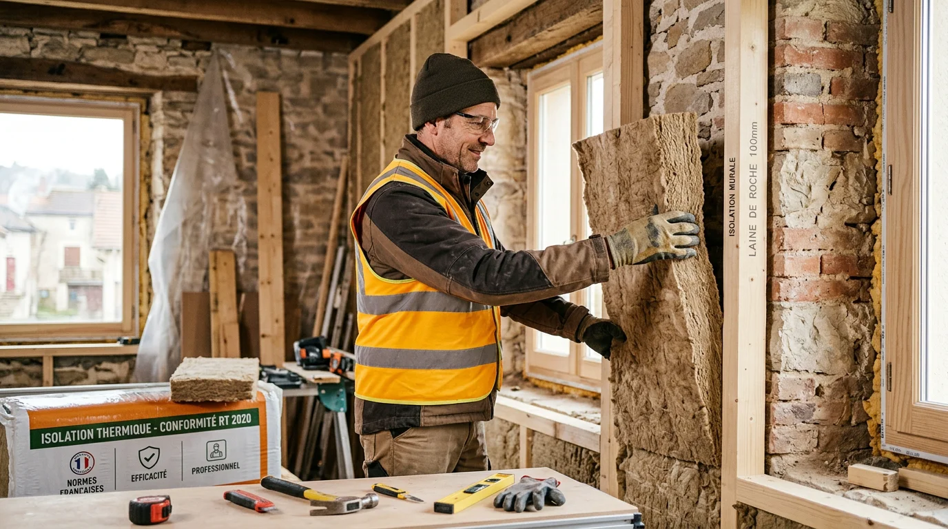 Artisan posant un isolant lors d'une rénovation énergétique