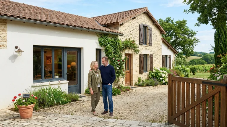 Maison rénovée énergétiquement avec un couple européen devant, dans le Calvados