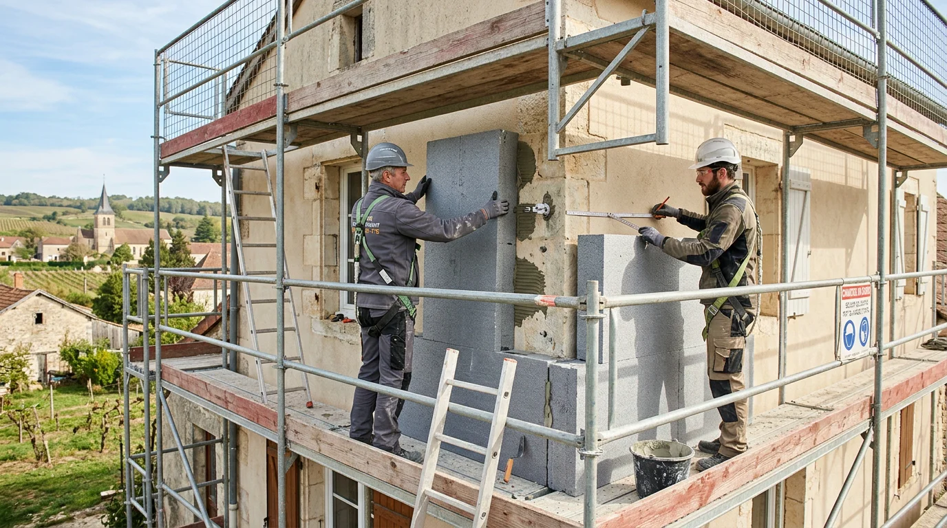 Des artisans réalisent l'isolation extérieure d'une maison lors d'une rénovation énergétique