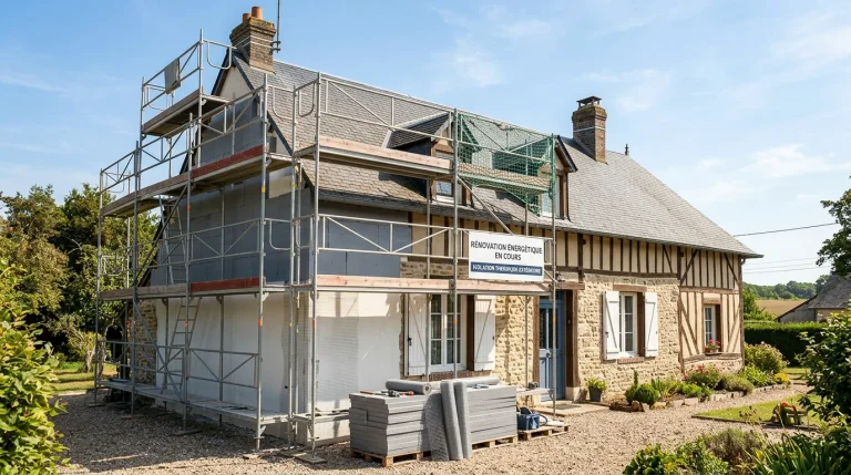 Maison française en rénovation avec travaux d'isolation de façade