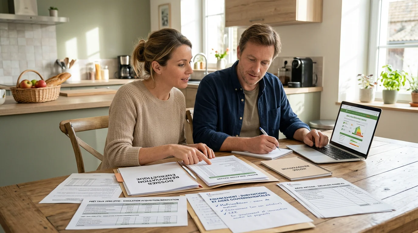 Couple européen étudiant le financement de travaux d'isolation à domicile