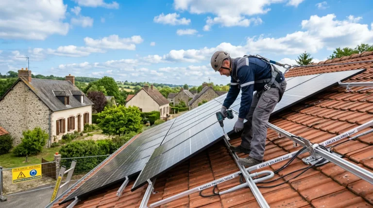 Technicien installant un panneau solaire photovoltaïque sur un toit en France