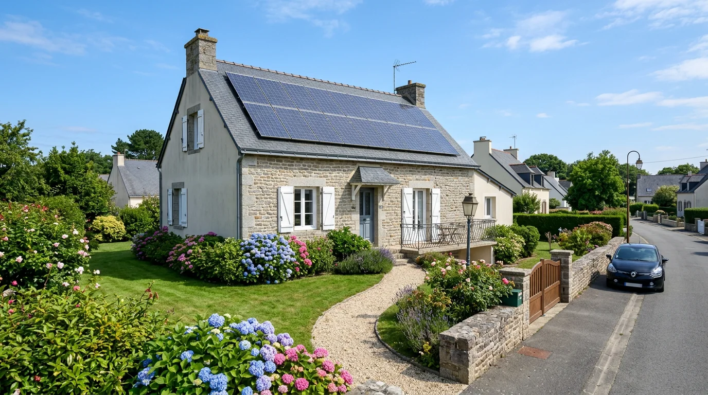 Maison individuelle équipée de panneaux solaires photovoltaïques en France