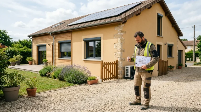 Maison rénovée et artisan RGE examinant les plans de travaux