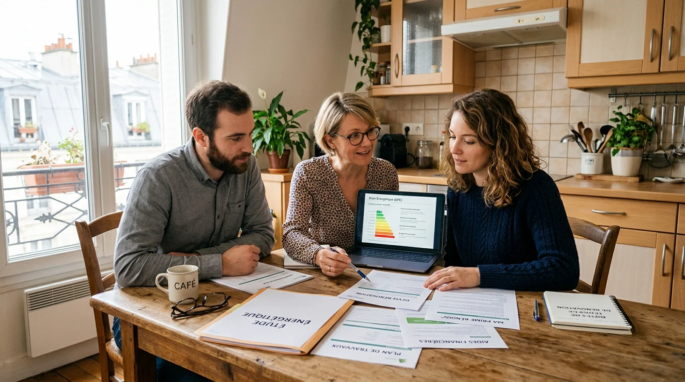 Couple européen comparant des devis de rénovation avec un conseiller