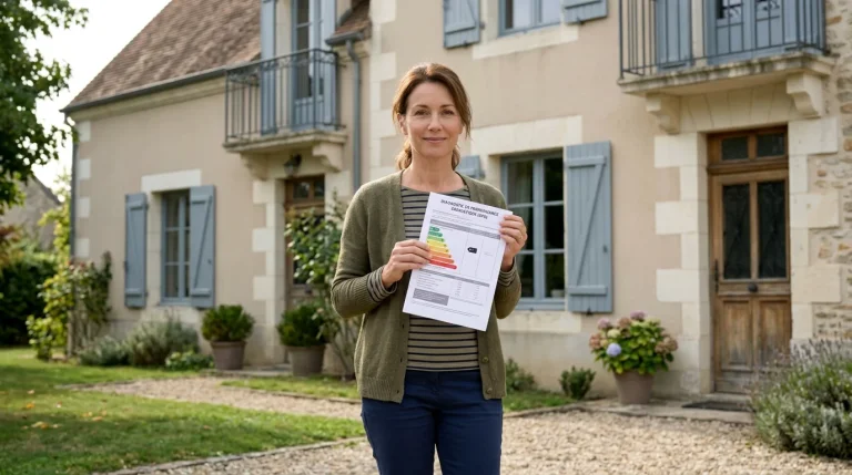 Propriétaire européen devant sa maison avec un document de diagnostic énergétique