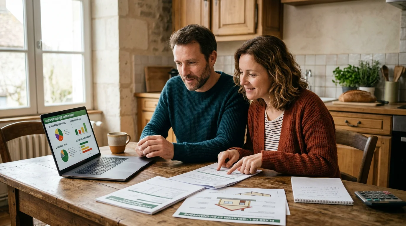 Couple européen étudiant le budget de rénovation énergétique de leur maison