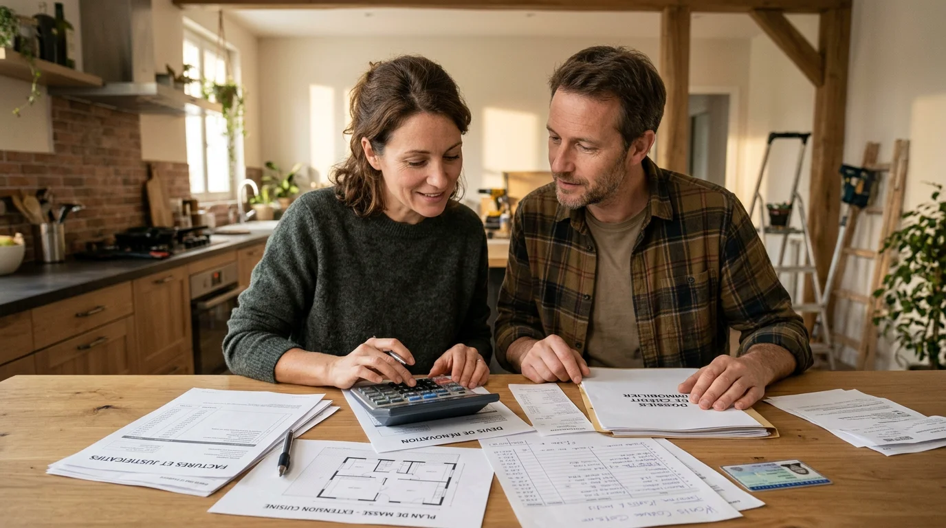 Couple étudiant le financement de travaux d'isolation extérieure