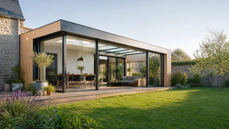 Extension vitrée contemporaine ouverte sur un jardin