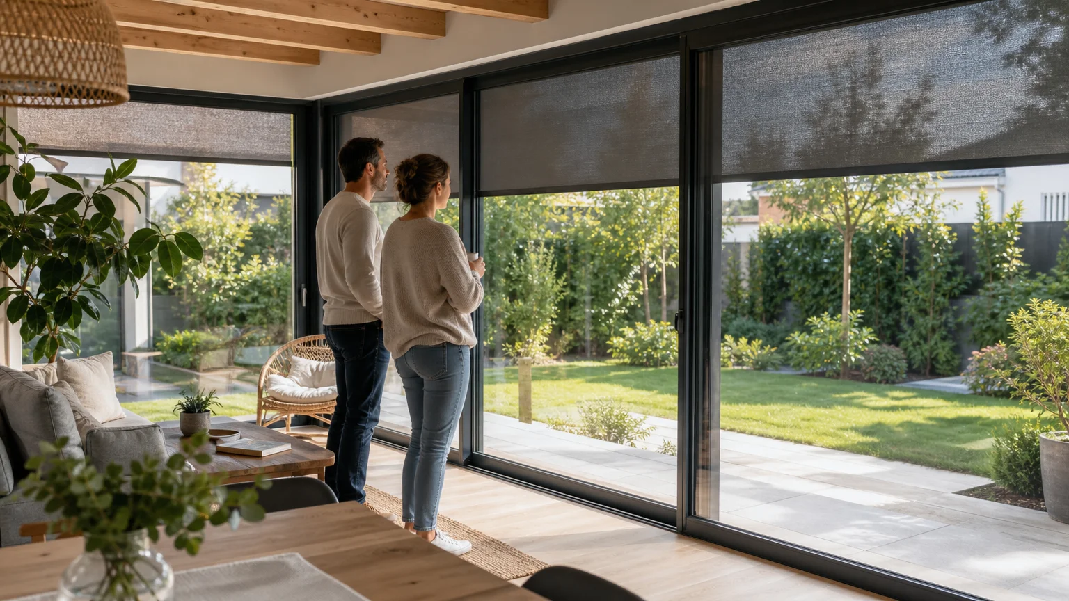 Extension vitrée en 2026 : prix, choix et réglementation 1 Couple dans une extension vitrée confortable ouverte sur le jardin
