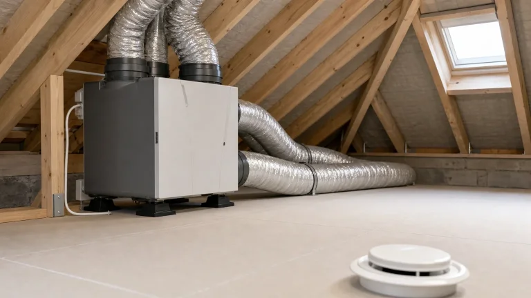 Caisson et gaines d’une VMC installés dans des combles