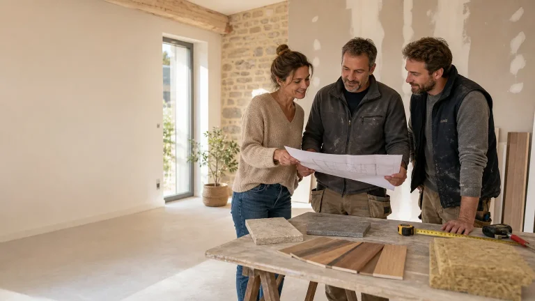 Propriétaire et artisans préparant un projet de rénovation dans le Calvados